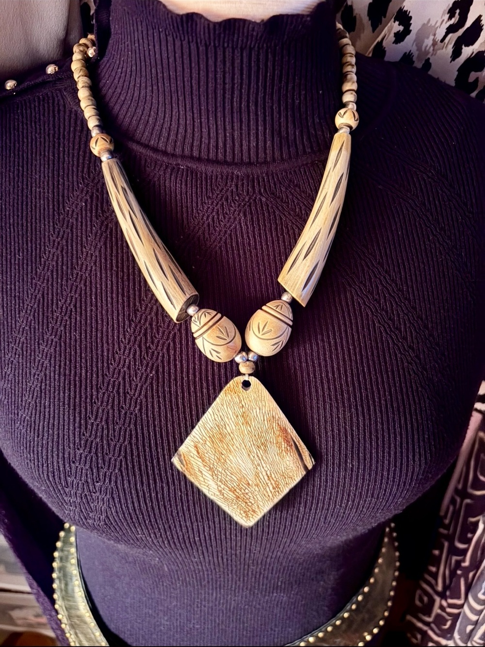 New Handcrafted Designer Wood Hand Hand Carved Statement Pendant Necklace-